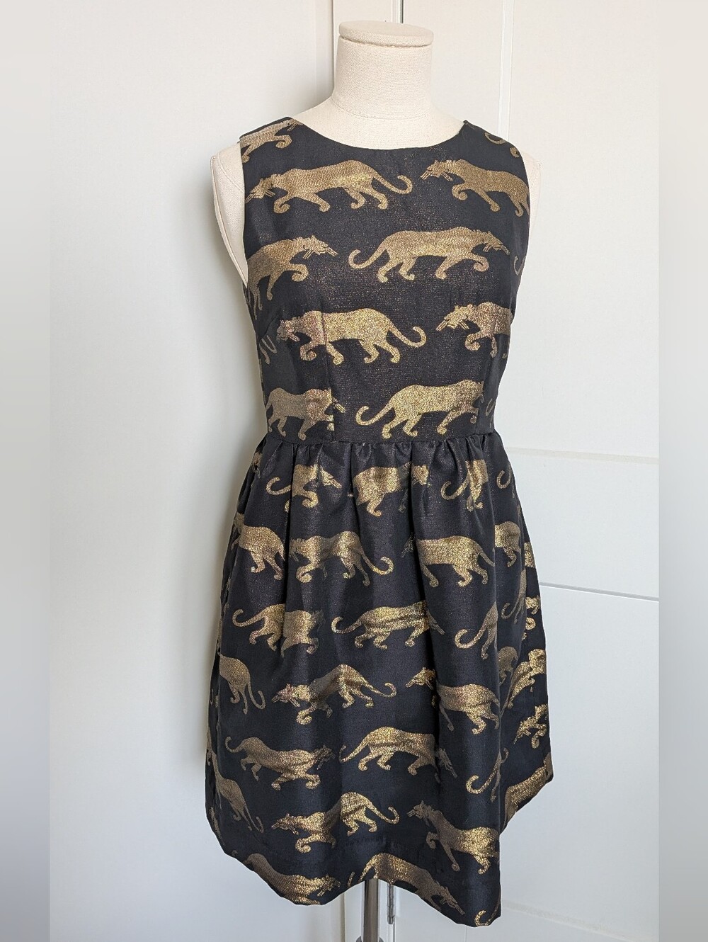 Anthropologie Eyedoll Metallic Gold Panther Brocade Fit & Flare Dress Pocket 0